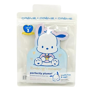 قناع The Creme Shop x Pochacco Perfectly Plump Printed Essence Sheet Mask، قناع مرطب للوجه، قناع K Beauty للوجه، حمض الهيالورونيك والصبار، 3 عبوات