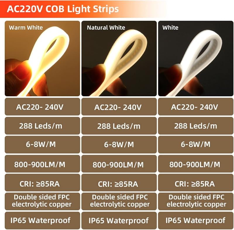 Wisada 4m LED szalag 288 LED/m 4000K természetes fehér IP65 vízálló COB fénycsík
