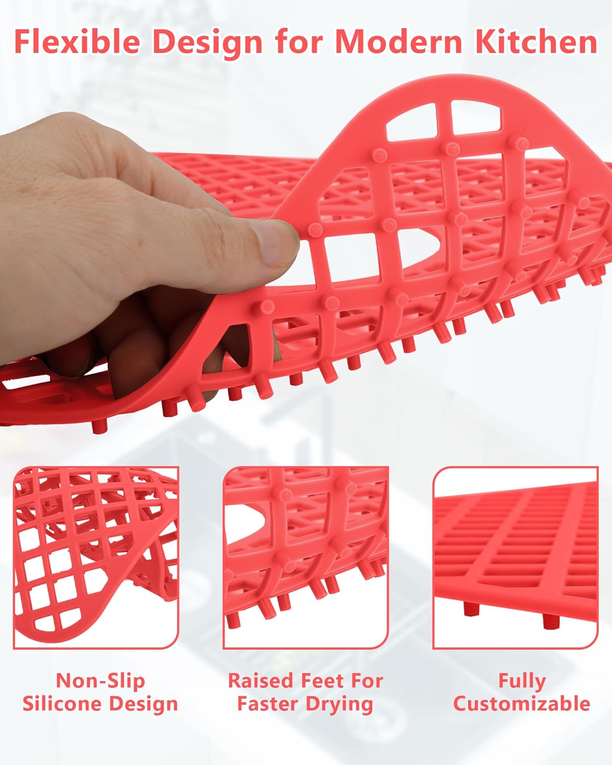 2 Pack Silicone Sink Protector for Kitchen Sink, Trellis Pattern 13 x 11 inches Sink Grid Mat Silicone Protectors, Center Drain, Red