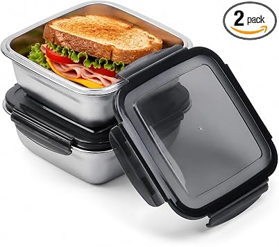 2 Pack Sandwich Containers, 24oz Stainless Steel Sandwich Box with Airtight Lids, BPA-Free, Dishwasher Safe, Durable & Reusable Metal Meal Prep Lunch Boxes for Fruits, Snacks, Bento Black