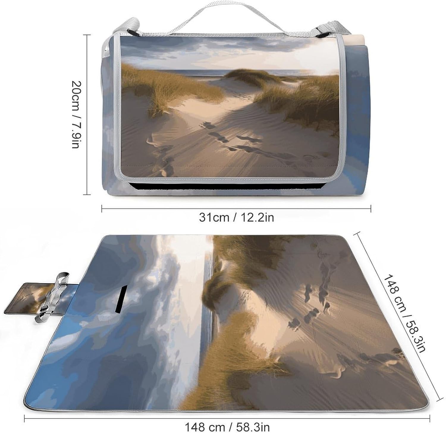 Beach Dunes Waterproof Picnic Blanket 58.3''x58.3'',Portable and Foldable Picnic Mat with Handle,Outdoor Blankets for Lawn Park Beach Travel