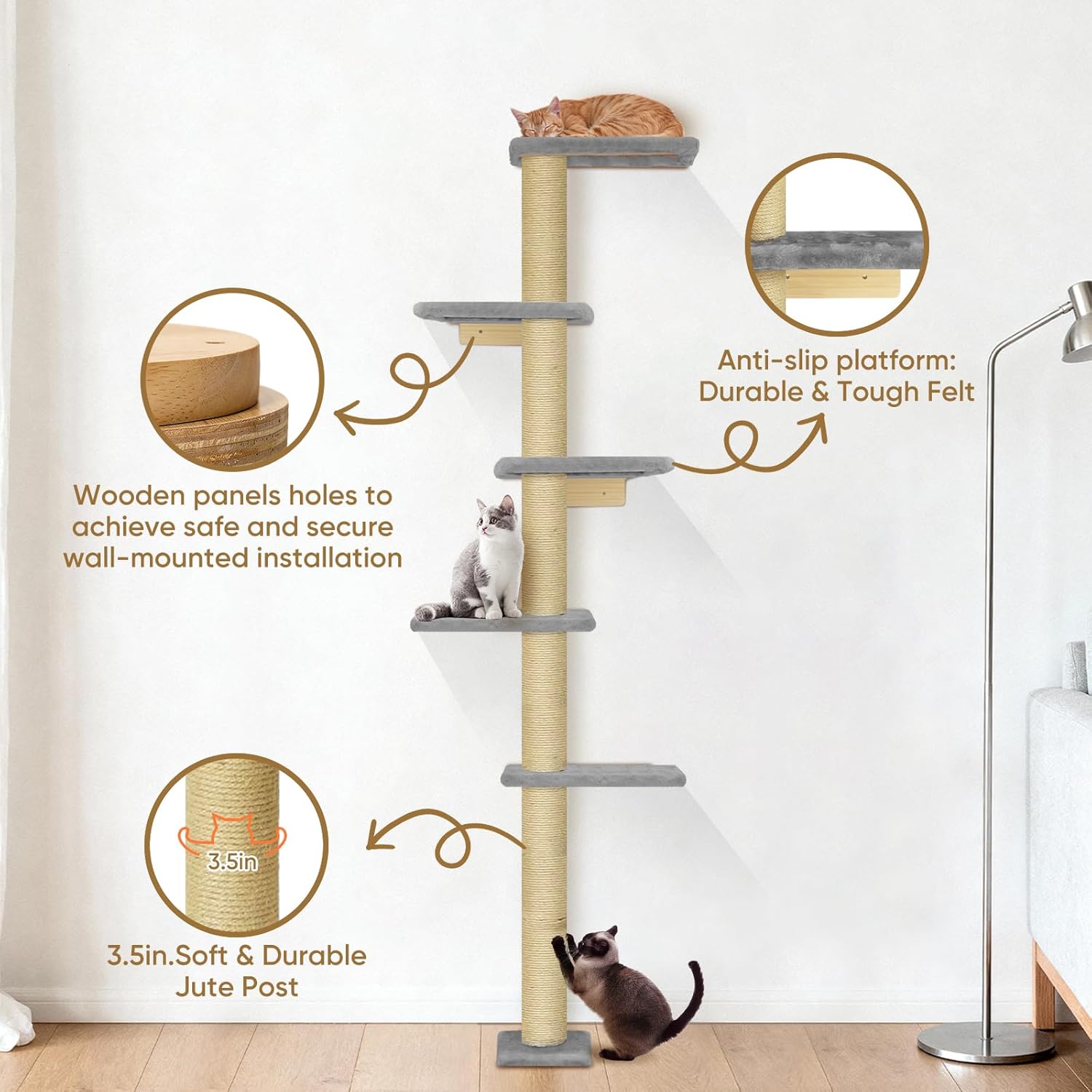 PAWSCRAT Cat Wall Shelves, Wall-Mounted Cat Tree, 5 Tier Floor to Ceiling Cats Tower, 80 Inch Wall-Mounted Cat Scratching Post, Space Saving Cat Furniture and Easliy Climb for All Cats, Gery