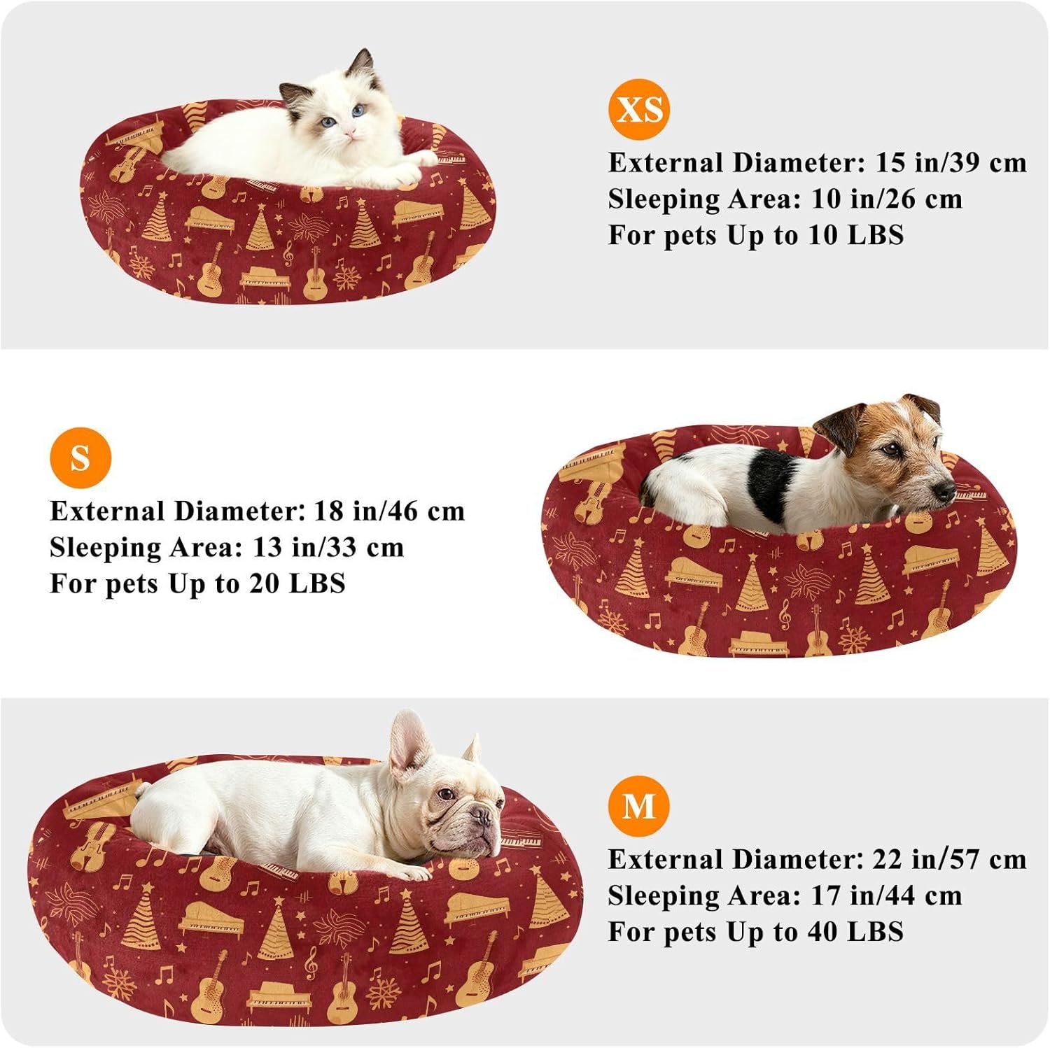 Pet Dog Bed Anxiety Relief Fluffy Cat Pillow Bed for Small Size Pets Sleeping M Musical Instruments and Christmas Elements