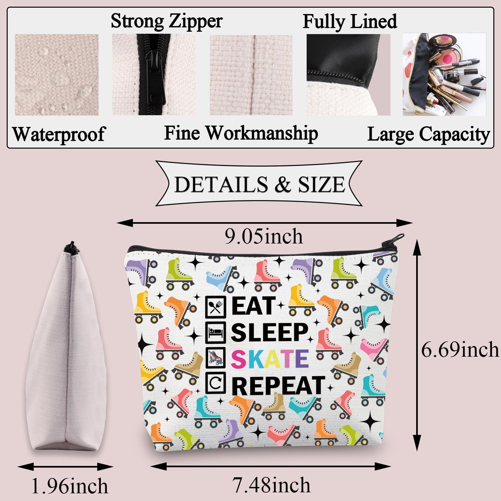 PLITI Roller Skater Makeup Bag Roller Skating Lover Gift Figure Skater Gift Eat Sleep Skate Repeat Gift Skate Team Fan Gifts (Skate RepeatU) - Image 2