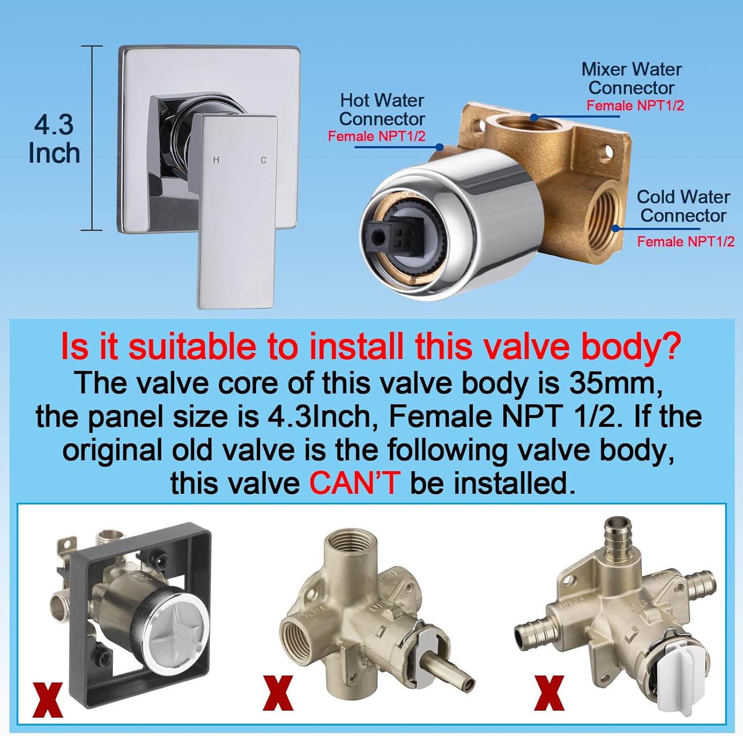 Wall Mount Bathroom Shower Valve Single Handle Valves Mixer Hot and Cold Mixer Single Function Shower Handle Valve Trim Kit 4.3 Inch Cover Plate, Chrome