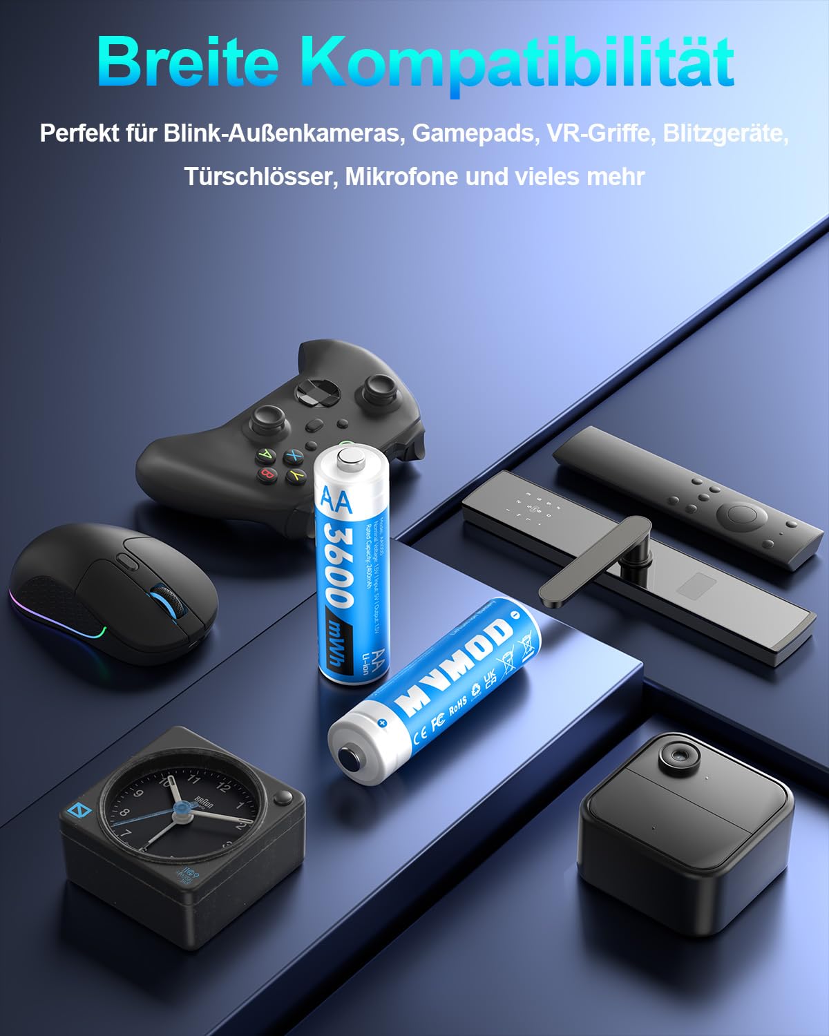 Pilas recargables de litio AA 12 unidades con cargador, 3600 mWh 1,5 V de litio recargables para operaciones diarias, teclados, ratón inalámbrico, color azul