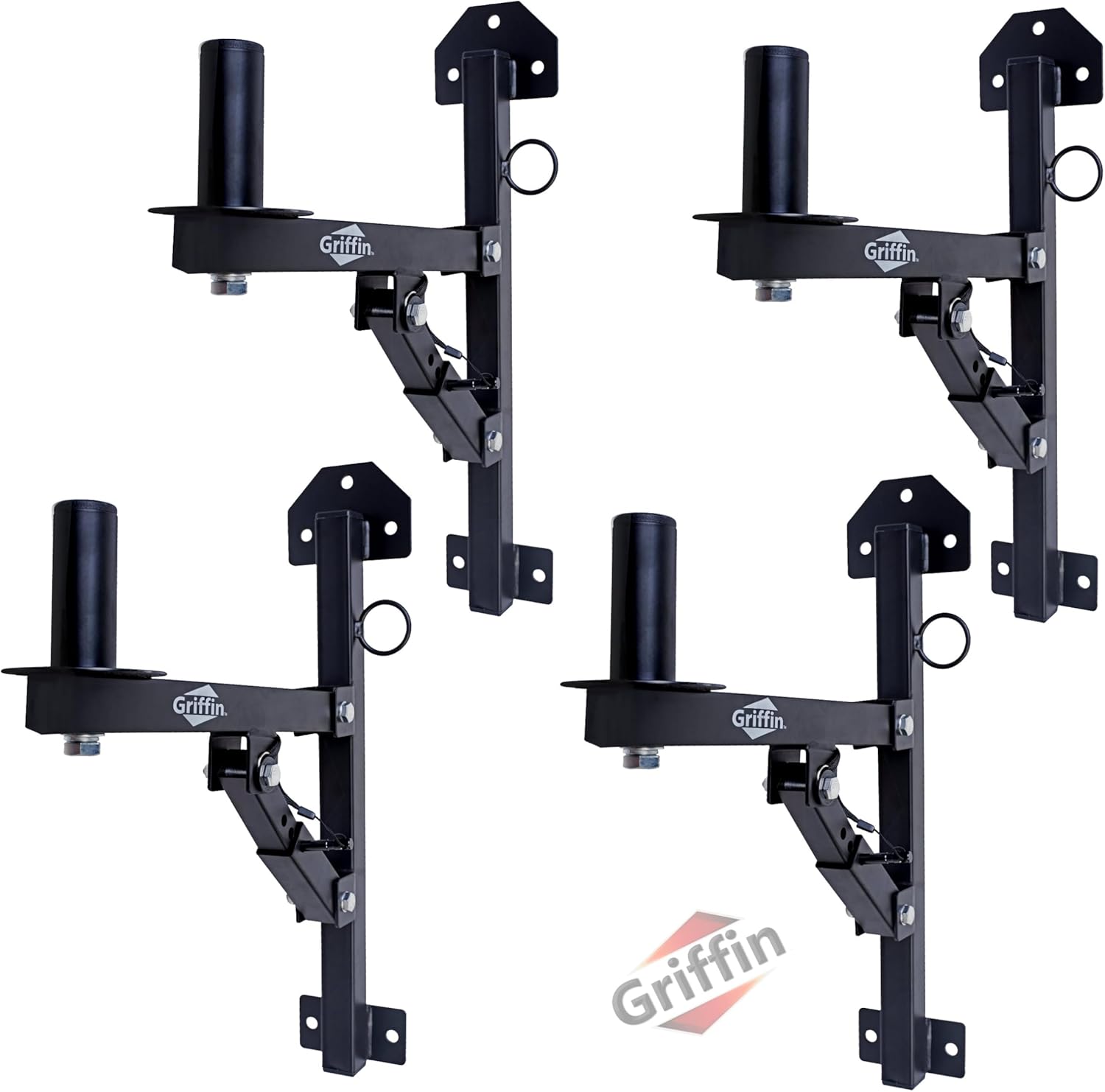 Griffin Wall Mount Brackets for PA Speakers (All-SteelPRO Edition) 4-Pack – Securing Locking Pin & 3 Horizontal Level Tilt Adjustments – DJ On Stage Studio Monitor Stands – Audio Speaker Pole Holder