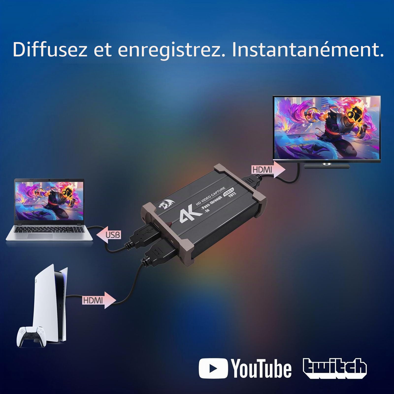 Redragon VC321 Carte Capture Vidéo 4K USB 3.0 1080p 60fps
