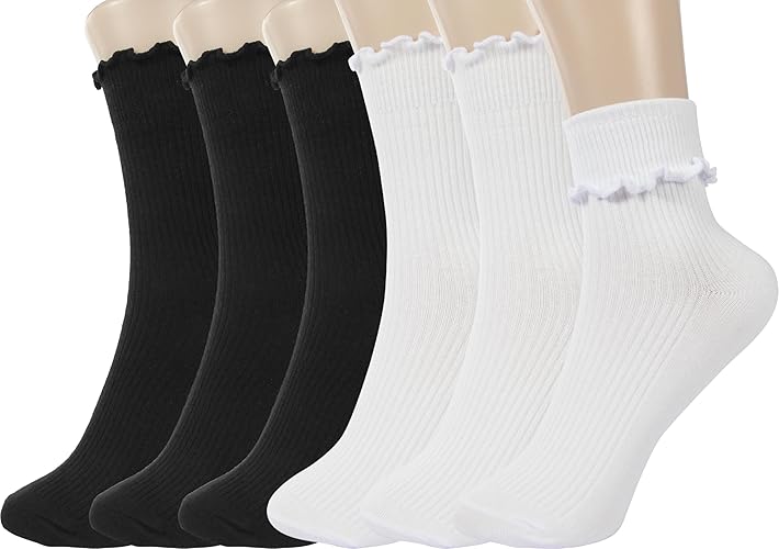 BomKinta Ruffle Socks Women - Turn-Cuff Frilly Sock - Lightweight Cotton Socks - 5-10 - 3 White 3 Black