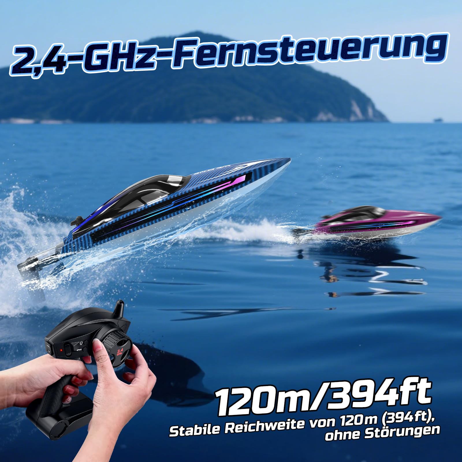 WeFone RC Boot für Kinder,2,4 GHz ferngesteuertes Boot mit LED-Lichtern, 40 Minuten Spielzeit, Wasserdicht & Kentersicher, Ideales Wasser-Spielzeug für Pool & See, Geschenk für Jungen ab 8 Jahren