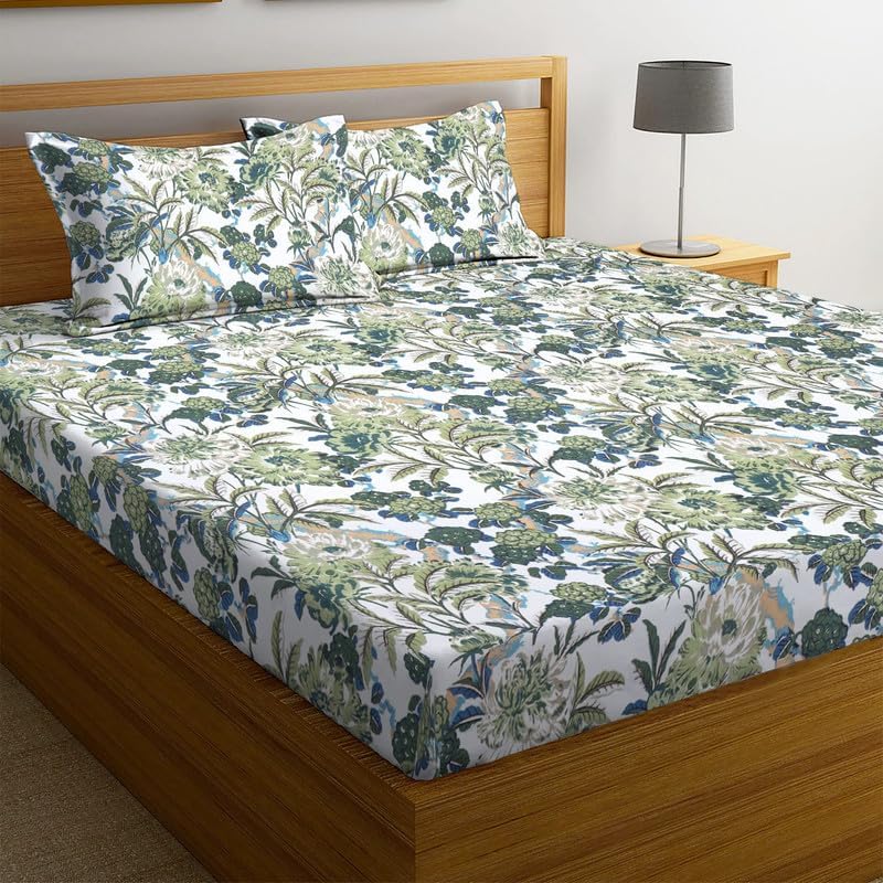 SJH DECOR Home Premium Cotton Flat Double Bedsheets with 2 Pillow Covers | Double Bed Breathable | Wrinklefree | Ultrasoft 210 tc Supersoft | 90 x 90 Inches|Print Floral, White Green