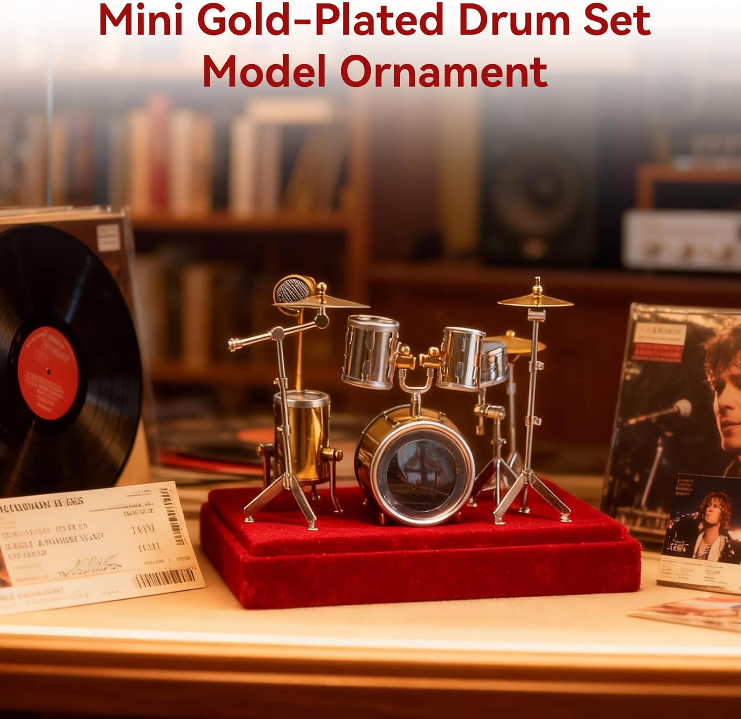 Miniature Drum Set Model, Desktop Finger Drum Set Miniature Musical Instrument Set Figurine for Home Office Desk Decoration, Display with Storage Box (5.4 Inch)