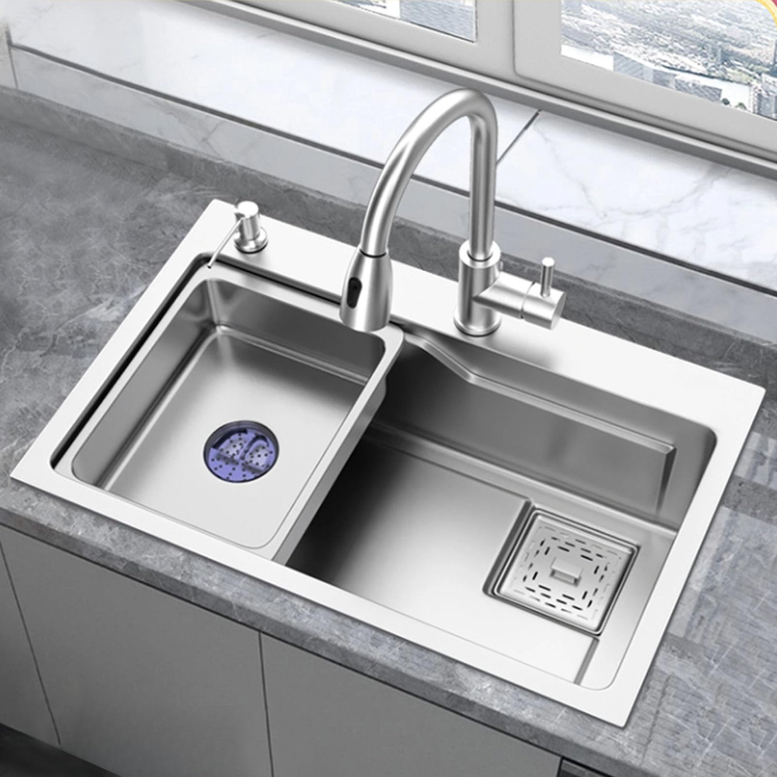 ZQFHSX Stainless Steel Sink, Kitchen Modern Countertop Built-in Sink with Pull-Out Faucet, Large Capacity Commercial Undermount for Restaurant Hotel Bar