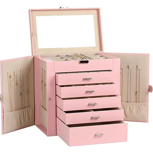 Frebeauty Large Jewelry Box,6-Tier PU Leather Jewelry Organizer,Multi-functional Storage Case with Mirror,Accessories Holder with 5 Drawers for Necklace Bracelets Watches(Pink)