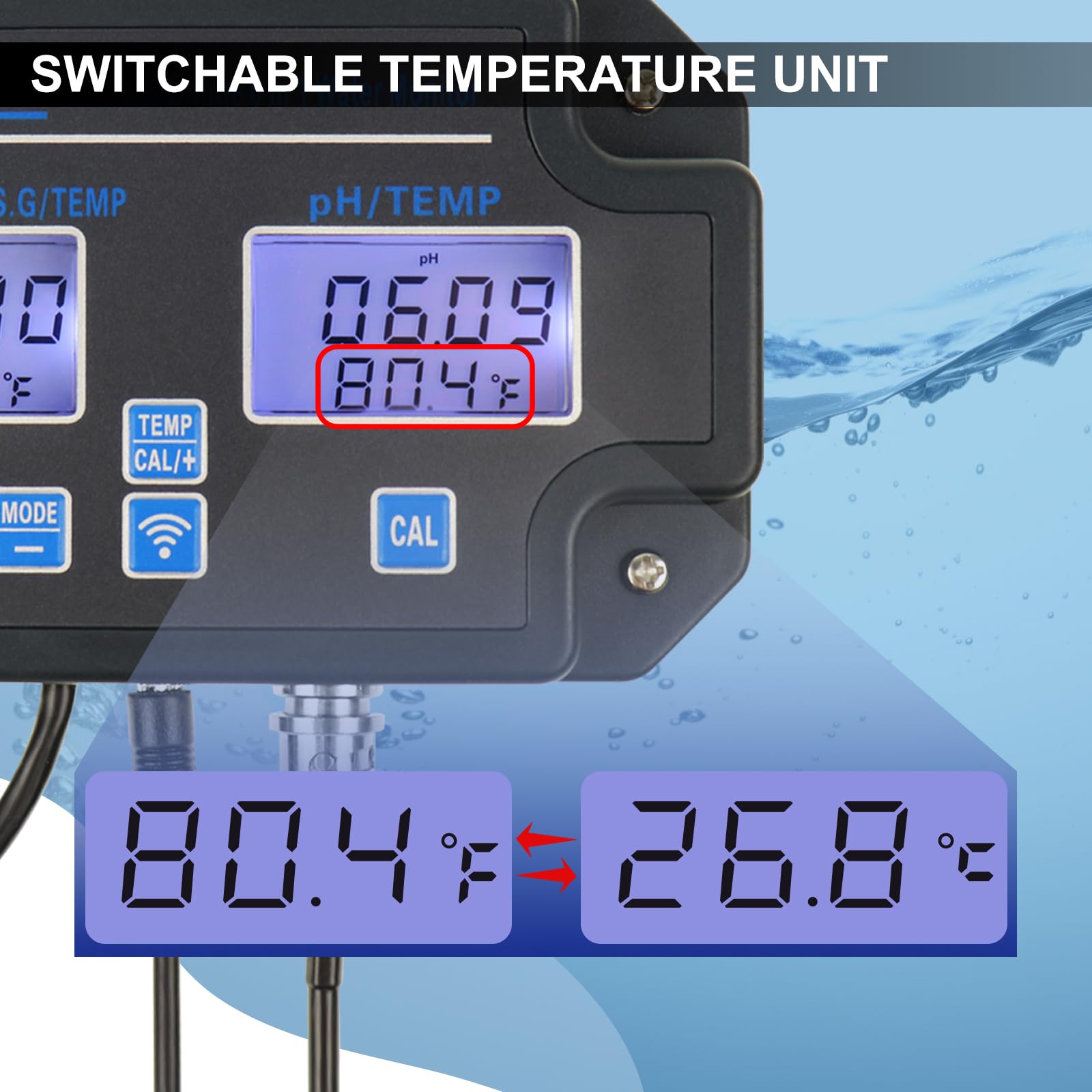 6-in-1 Smart Water Quality Tester – WiFi/App Monitor für pH, EC, TDS, Temp, SG & Salz Echtzeit-Alarme Ideal für Hydroponik, Aquarien, Pools & Trinkwasser