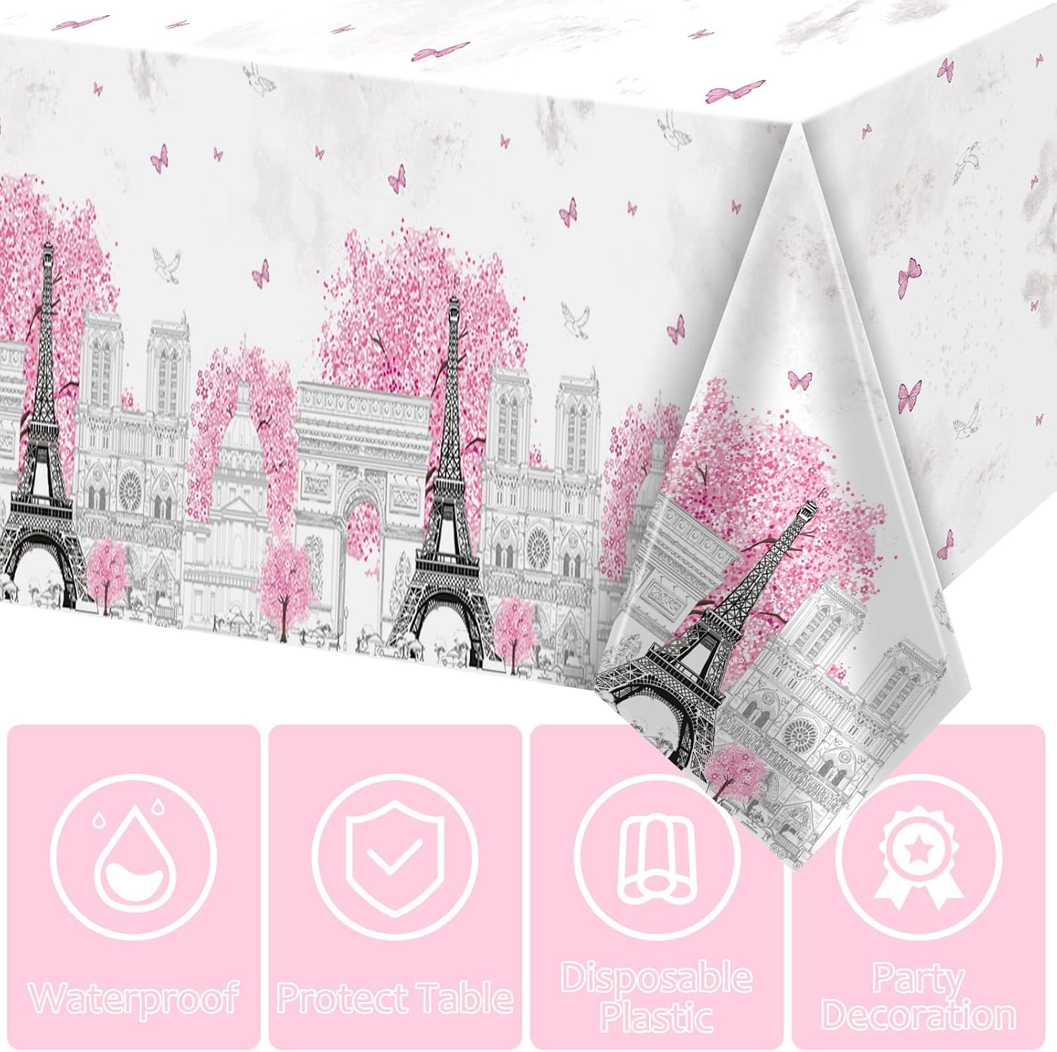 ZOIIWA 3 Pieces Paris Eiffel Tower Tablecloths Pink Paris Theme Eiffel Tower Plastic Disposable Rectangle Table Covers for Baby Shower Wedding Girl Birthday Party Favors Decorations Supplies