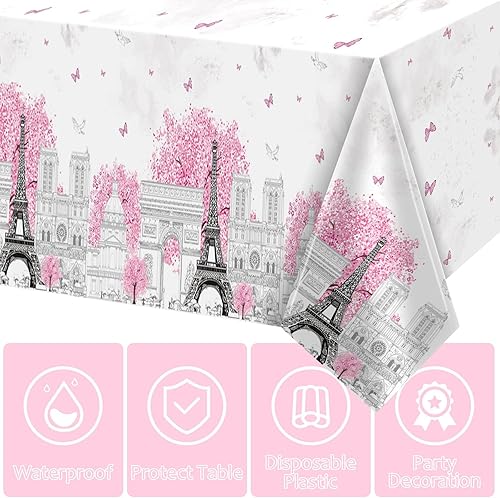Miniatura 3 de ZOIIWA 3 manteles de la Torre Eiffel de París, color rosa, temática de París, Torre Eiffel, fundas de mesa rectangulares desechables de plástico