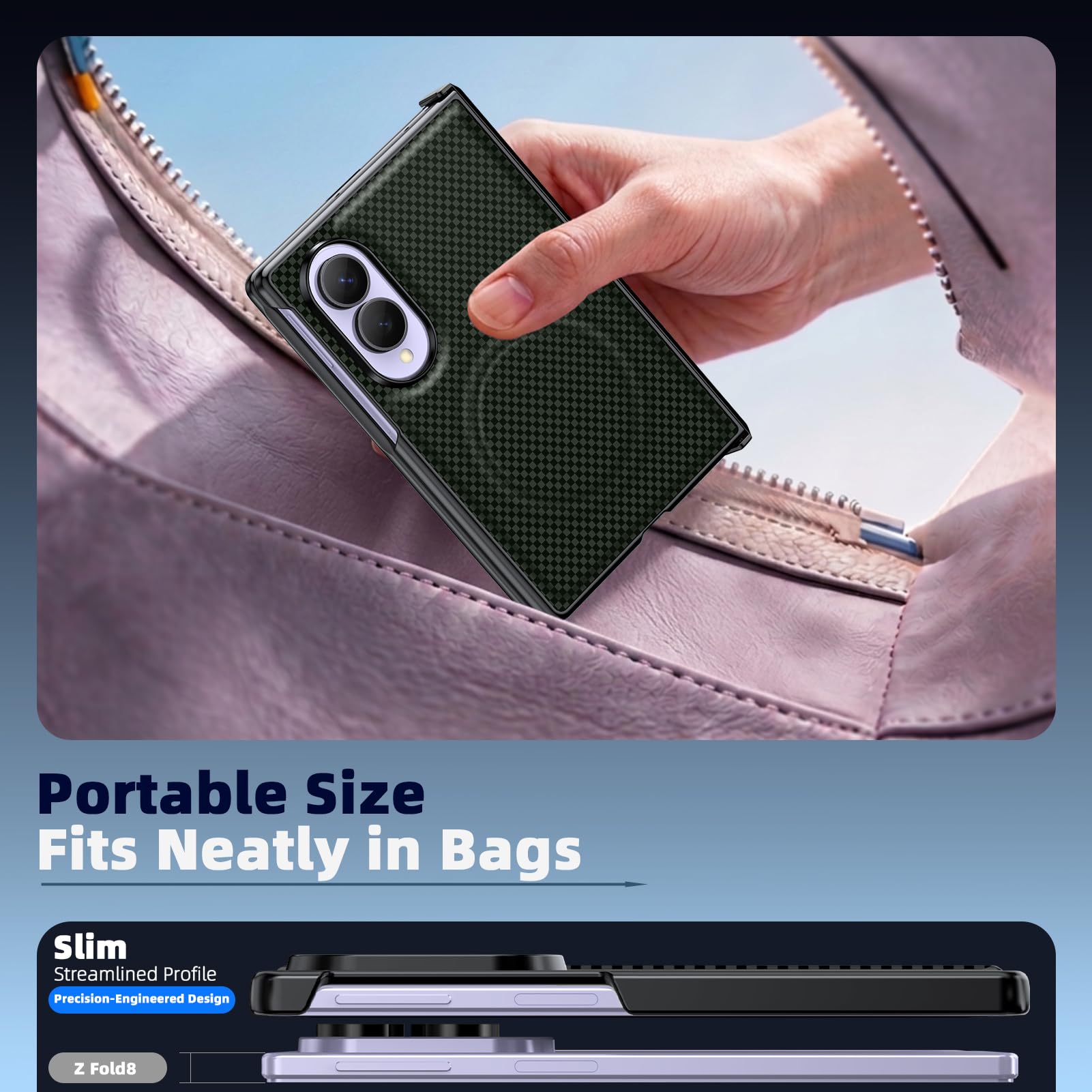 Custodia per Galaxy Z Fold 8, compatibile con MagSafe verde | Custodia rigida pieghevole sottile protettiva con cerniera, design a griglia in carbonio antiurto completo per uso aziendale