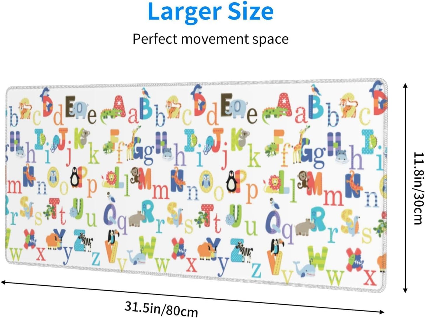 Colourful Animal Alphabet Desktop pad, 11.8x31.5 inch Long Keyboard pad, 3mm Anti Slip Base, fit for Home Office Work