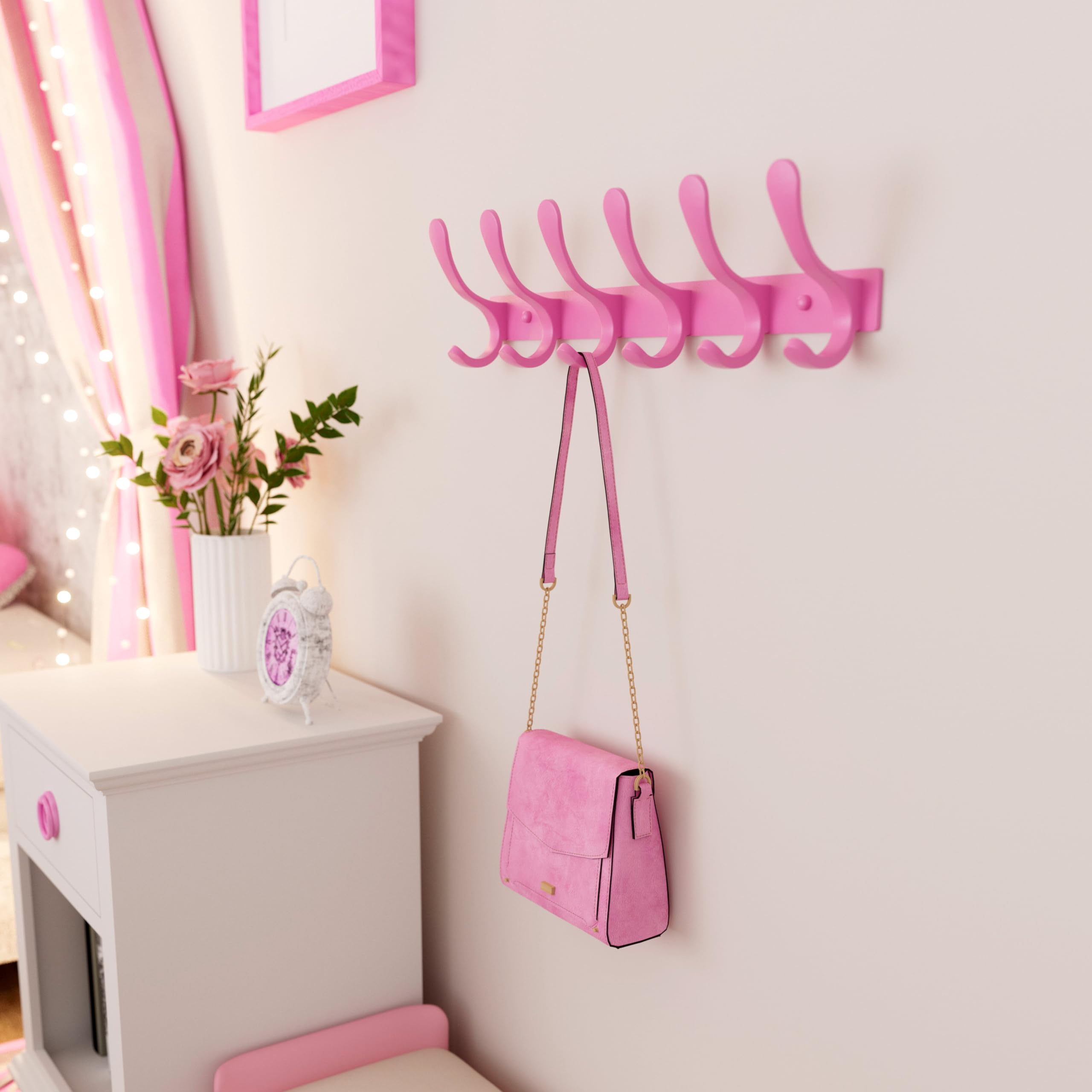 SKOLOO - Appendiabiti da parete a 6 ganci, confezione da 2, resistente, in acciaio inossidabile, gancio da parete in metallo, ganci robusti per appendere cappotti, giacche, vestiti, cappelli - Rosa