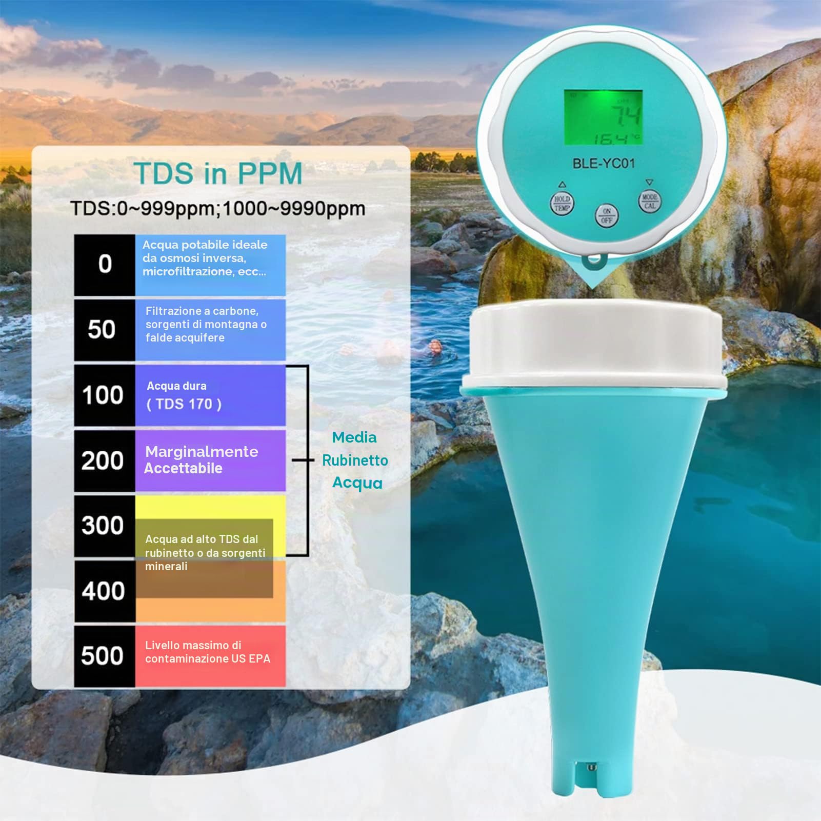 Tester Dell'acqua Digitale, Misuratore Dell'acqua, 6 in 1 PH EC TDS ORP TEMP Penna per Tester Dell'acqua per Cloro Residuo per Piscina con Acqua Potabile