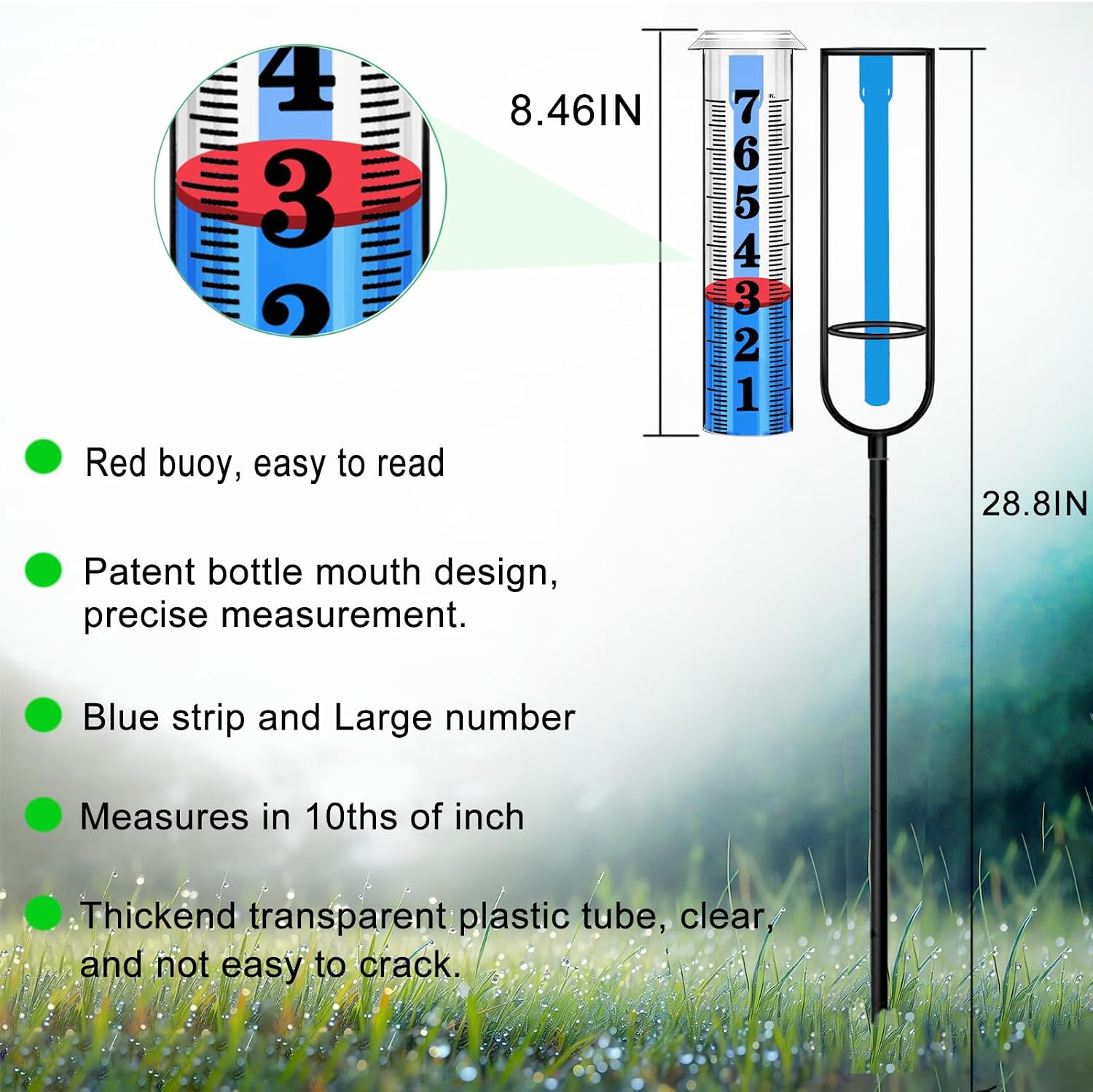 Rain Gauge Outdoor, Rain Gauges Outdoors Best Rated, Accurate Rain Measure Gauge for Garden, Thickened Tube Rain Meter with Stake, Adjustable Height & Large Font Water Gauge for Rain, Easy to Read