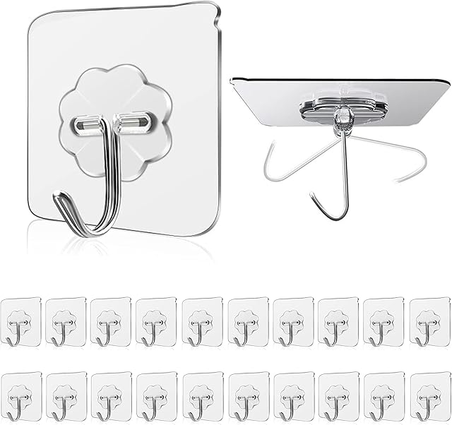 Wall Hooks 33lbs/15Kg(Max) Transparent Reusable Seamless Hooks for Hanging,Waterproof Oilproof Bathroom Kitchen Heavy Duty Adhesive Hooks,Coat Hooks, Utility Towel Bath Ceiling Hooks (20Pack)
