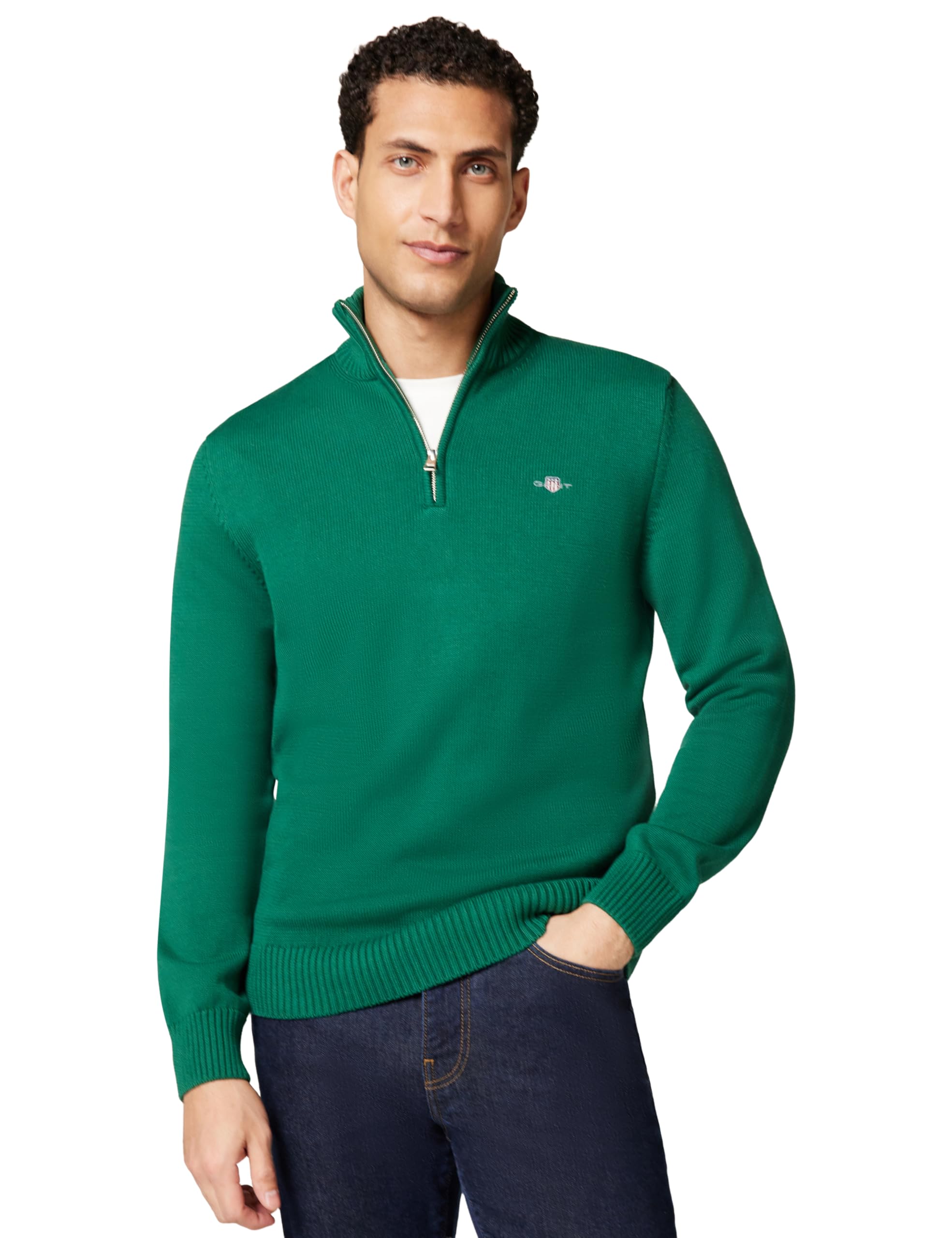 Gant Men's Green Casual Cotton Half Zip Jumper - 373 Deep Forest - 373 Deep Forest - L