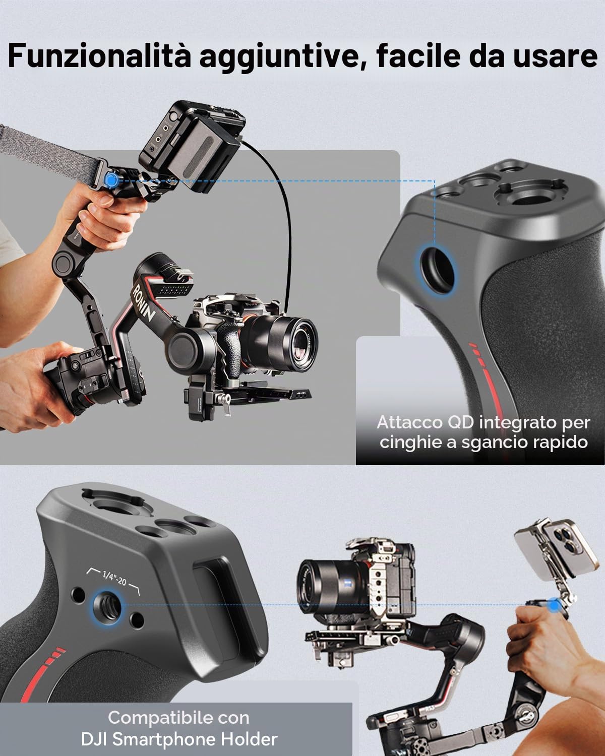 (Nuova Versione) SMALLRIG Impugnatura Regolabile per DJI RS 4 mini/Pro/RS 4, RS 3 mini/Pro/RS 3, RS 2 / RSC 2, Carico 8 kg / 17,6 LB, Impugnatura Ergonomica per Riprese ad Angolo Basso - 3028D