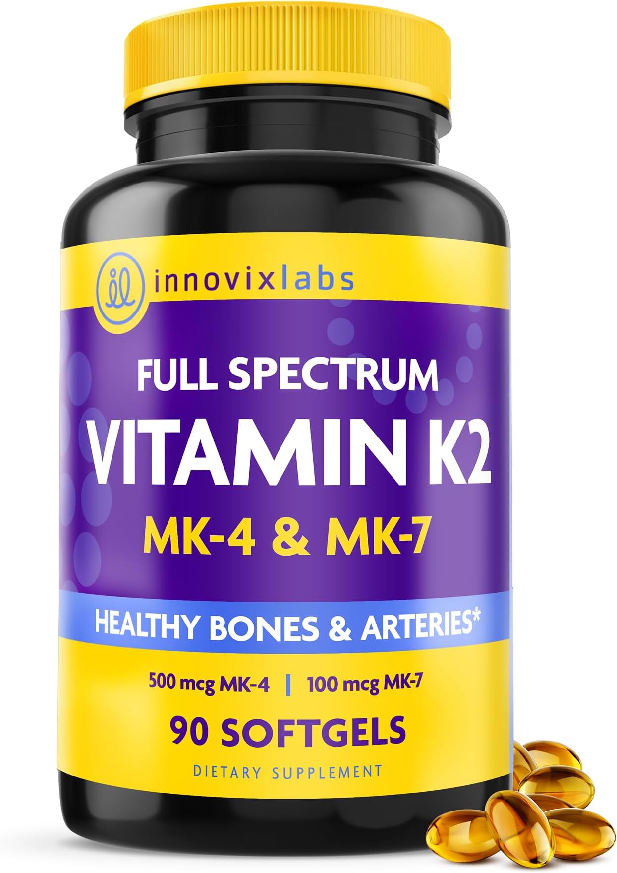 InnovixLabs Full Spectrum Vitamin K2-90 Softgels with 600 mcg of Trans Form MK7 and MK4 - Supports General Health and Bone Strength - Soy and Gluten Free K2 Vitamin Supplement