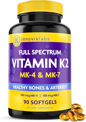 Espectro completo Vitamina K2 (por innovixlabs). Proporciona Dos formas de K2 (esenciales MK-4 + MK-7). Total de 600 mcg de K2 por cápsula. Libre de