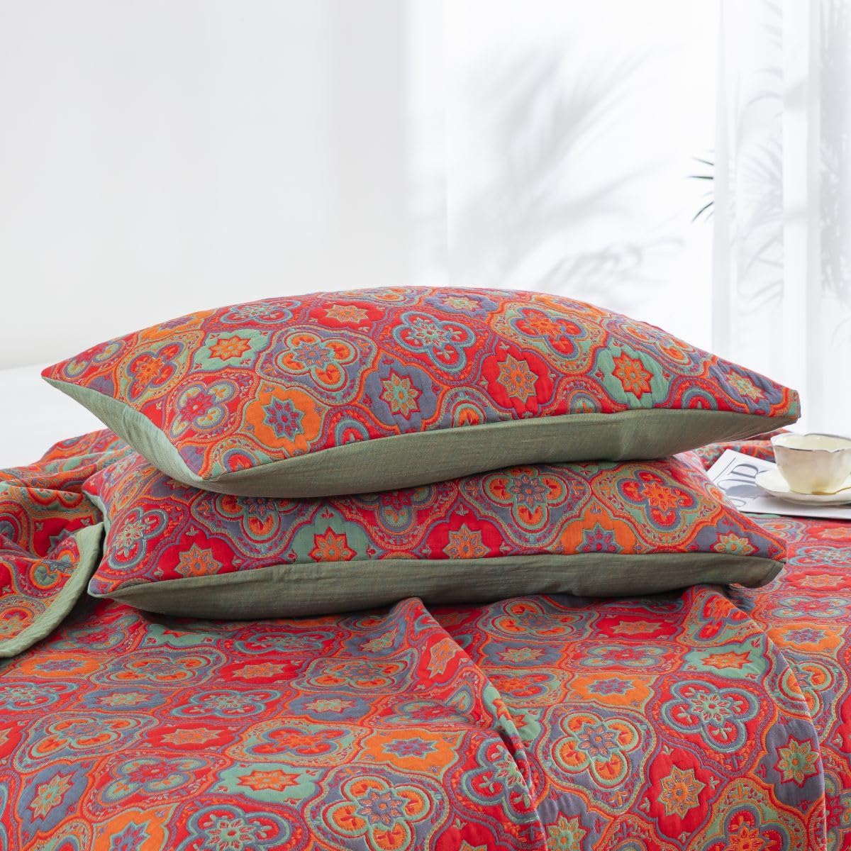 100% Cotton Muslin Pillow Shams Set of 2 Jacquard Rustic Orange Bohemian Plaid Patchwork Floral Pillow Covers, Soft 3 Layers Gauzy Reversible Pillow Protectors, 20"x30"