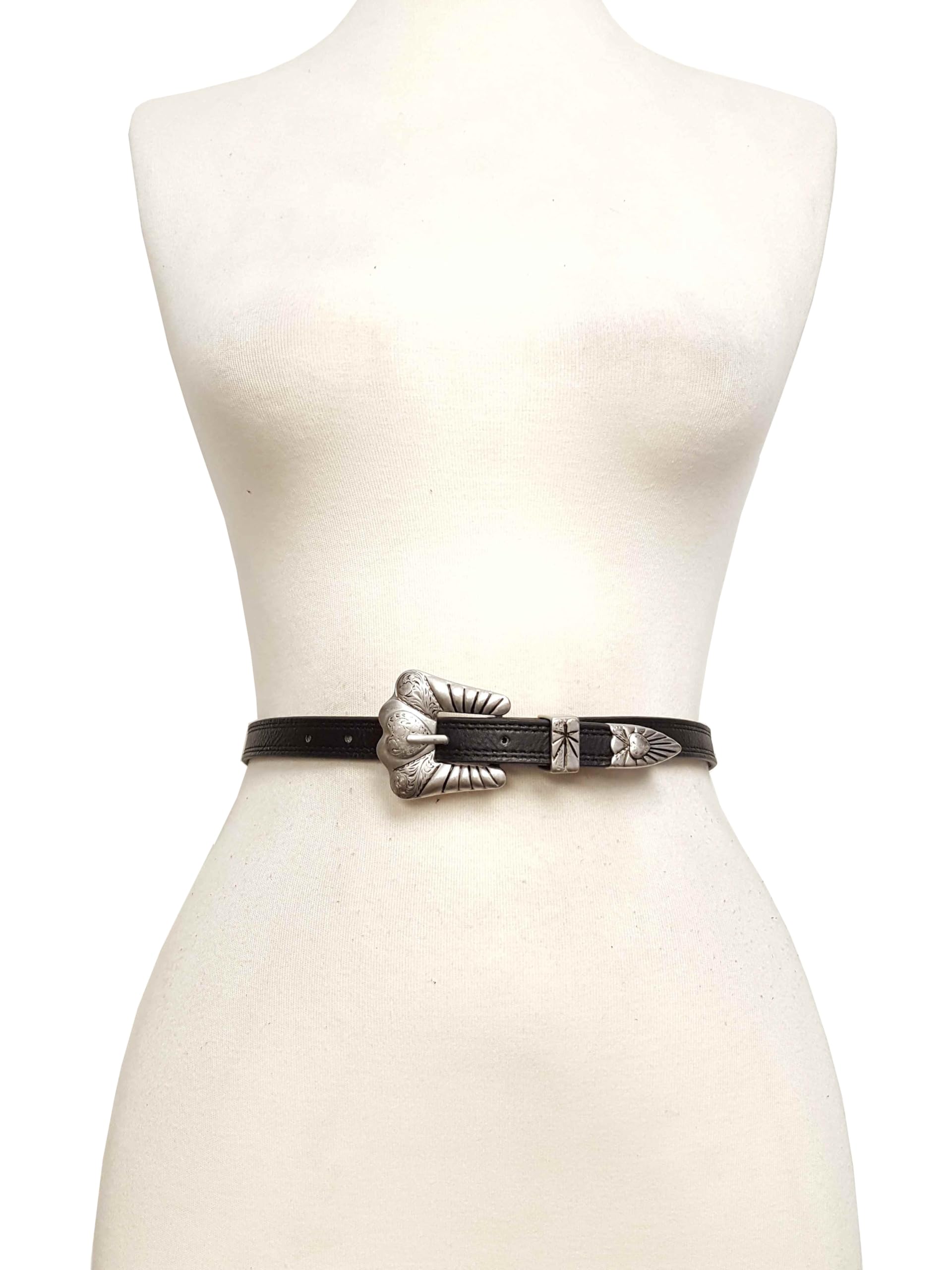 AXESORIA: Western Silver Heart Buckle, Loop and Tip Belt Black L/X