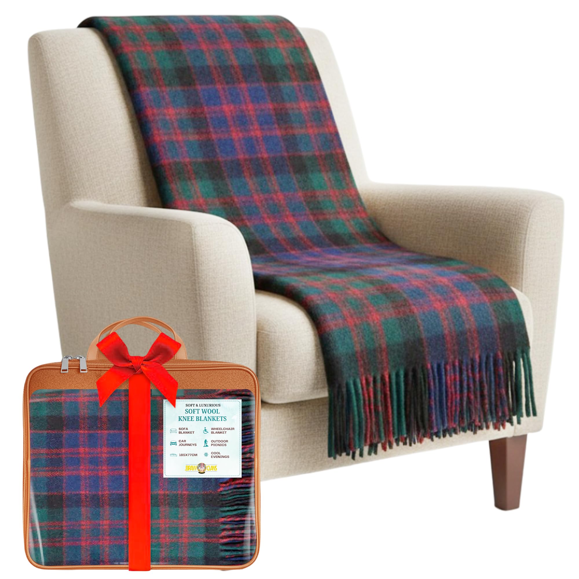 Braw Clans Tartans Macdonald Soft Wool Tartan Knee Blanket Lap Throw - Lap Blanket For Sofa With Fringed Edges - Compact Travel Essentials & Car Seat Throw - Plaid
