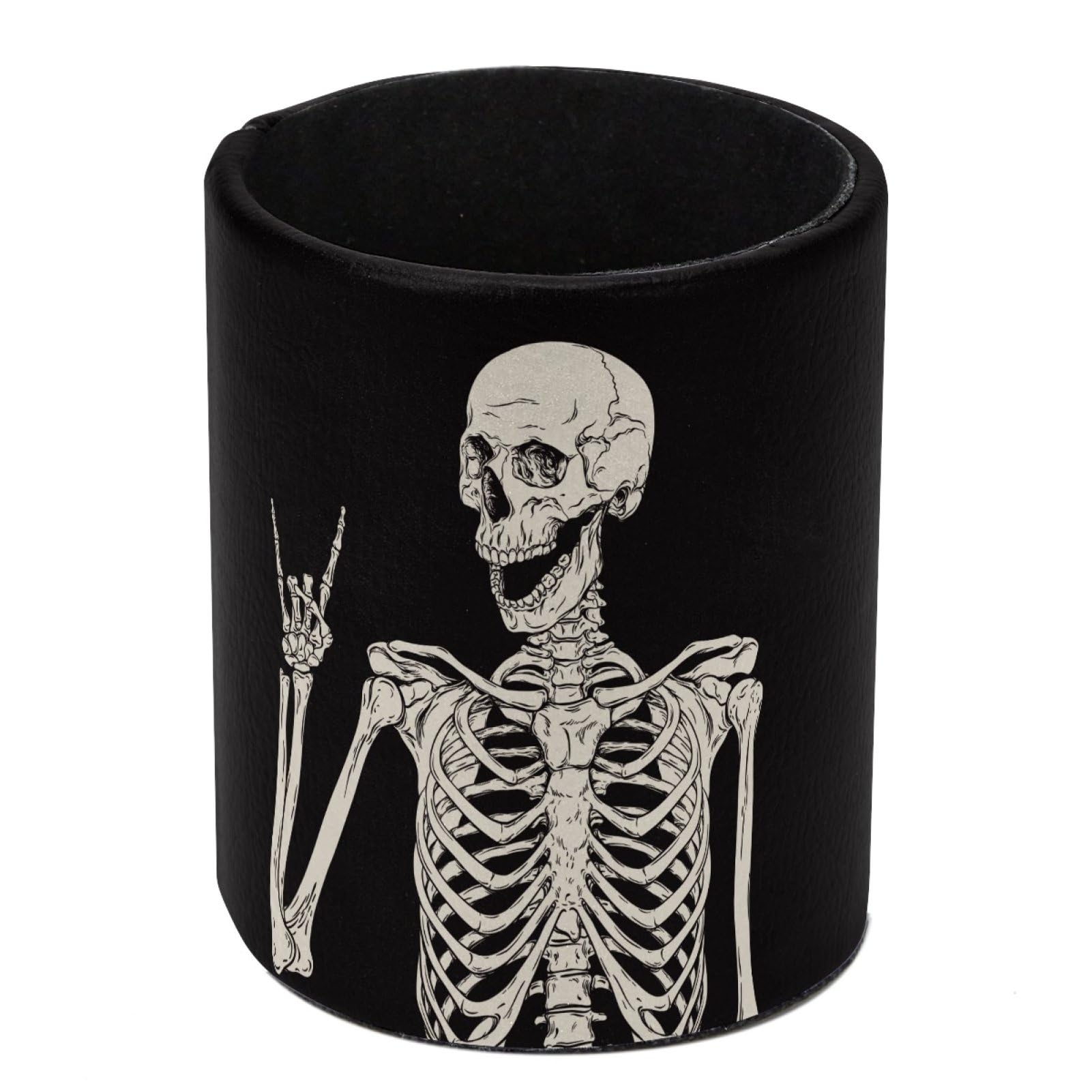 Luoweisi Rock and Roll Skull Skeleton Pen Holder for Desk, Leather Pen Pot, Desk Pencil Holder Round Makeup Organiser Home Office School Suppliers