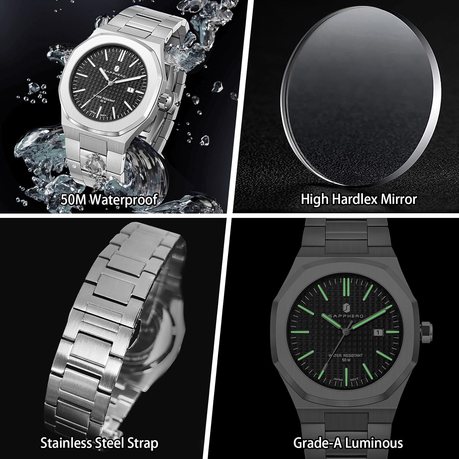 SAPPHERO Men Watches Octagonal Stainless Steel Quartz Fashion Business Men's Watch 50 Meter Water Resistant Analog Movement Multifunction Dials Classic Gifts for Men - Image 6