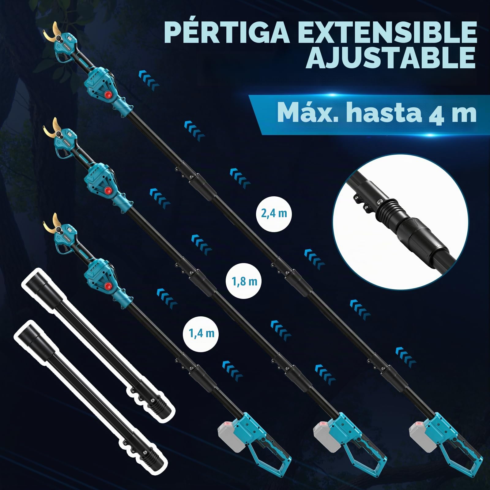 Tijera de Podar Electricas de 45mm con Bateria Telescópica Pértiga | Tijeras de Podar Bateria Profesional con 2 Baterías de 21V 2000 mAh Podadora Eléctrica con pantalla LCD para Jardinería