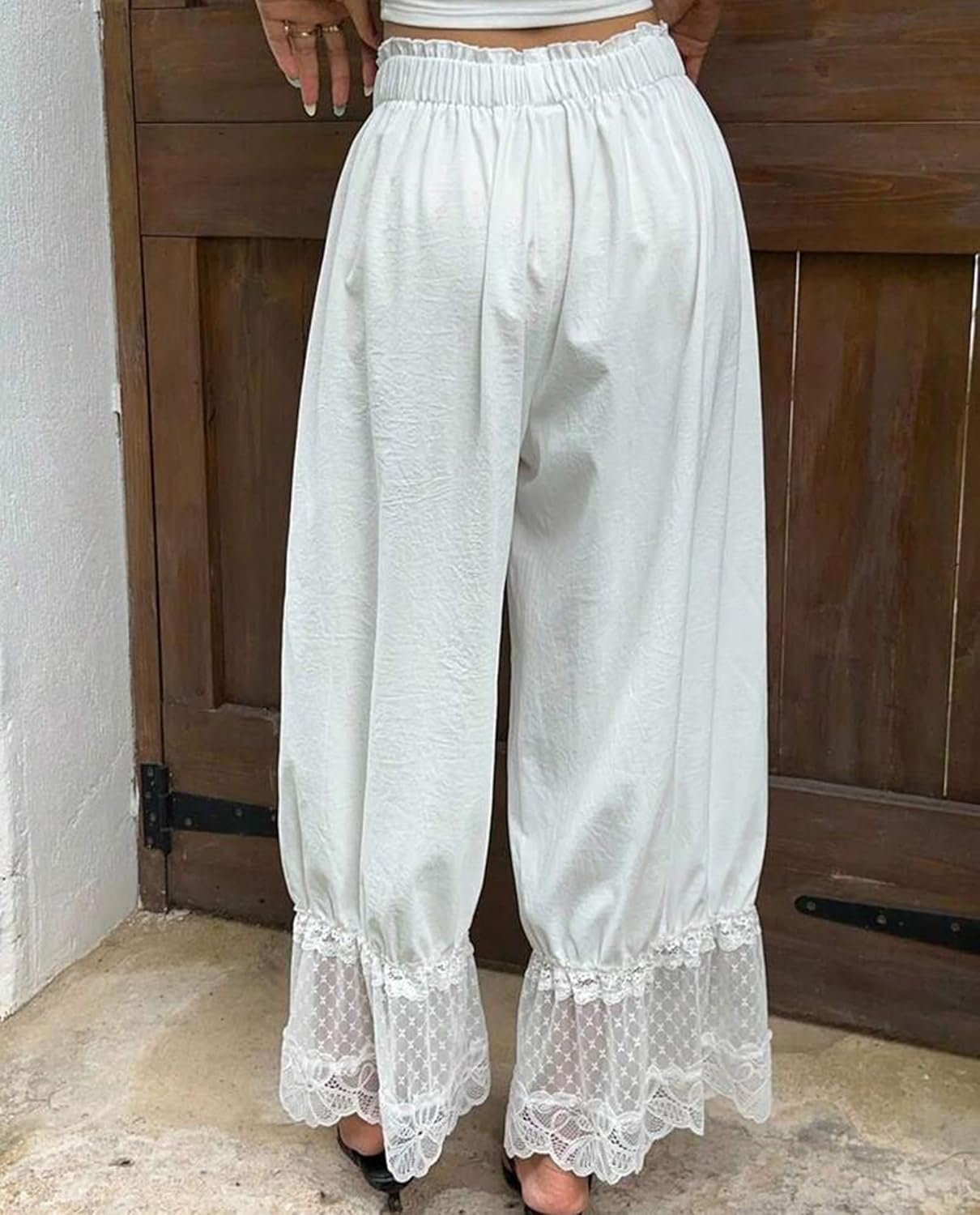 Womens Y2K Lace Trim Hem Long Bloomers Elastic Mid Rise Ruffle Pantaloons Cropped Flared Slips Pants Pajama Bottoms - Image 4