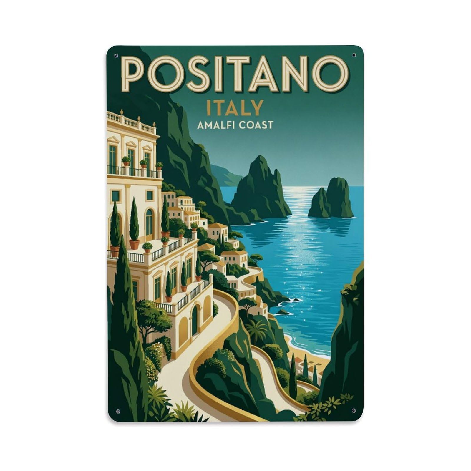 Vintage Travel Positano Italy Magnificent Metal Tin Sign Plaque Wall Decor for Cafe, Club Bar, Office, Garden Metal Poster 8x12Inch