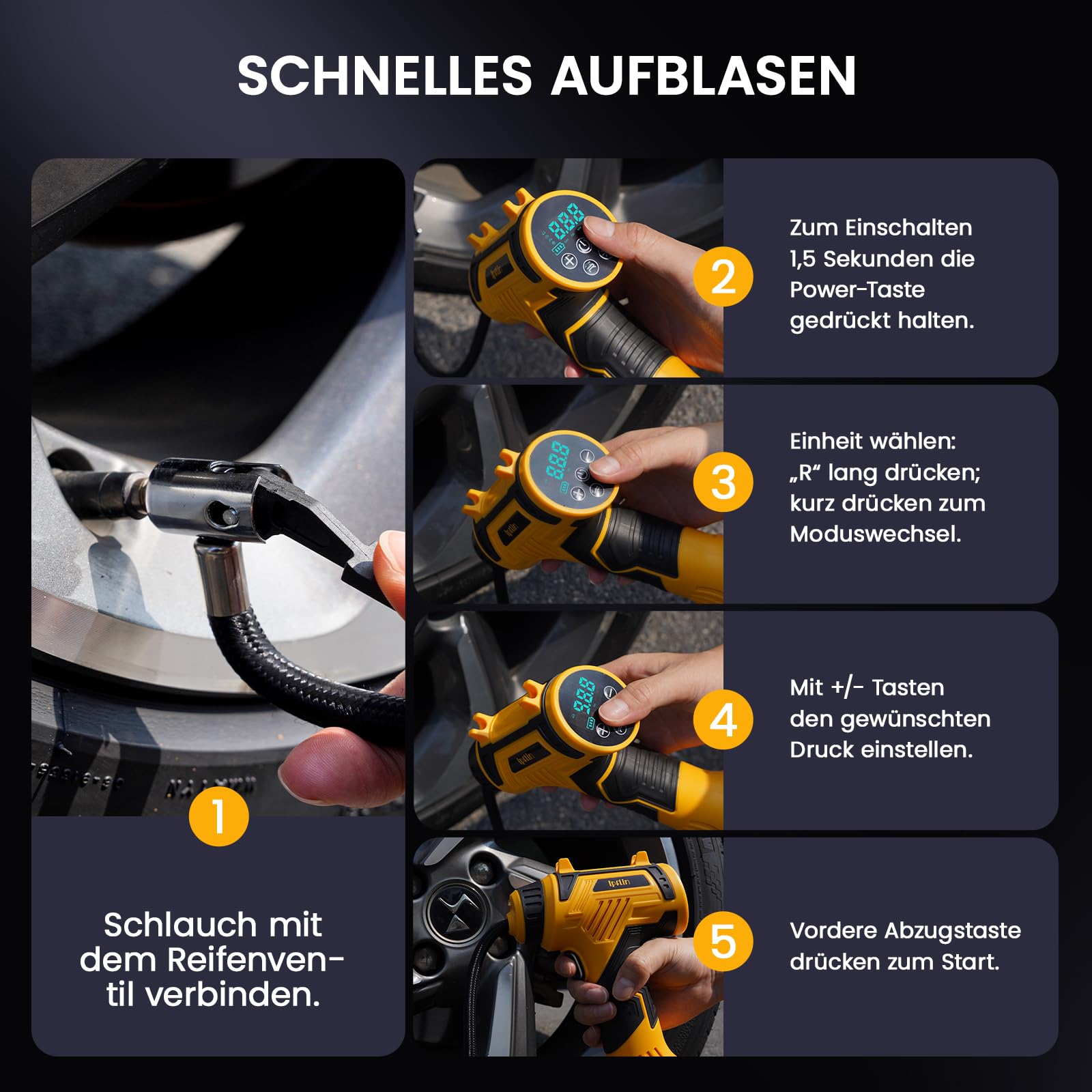 Elektrische Auto Luftpumpe Akku Fahrradpumpe - Tragbare Luftpumpe Fahrrad 150PSI - 22L/min Akku Kompressor mit LED-Anzeige/Licht - 4 Voreingestellte Modi für Auto/Fahrrad/Motorrad/Ball - 5