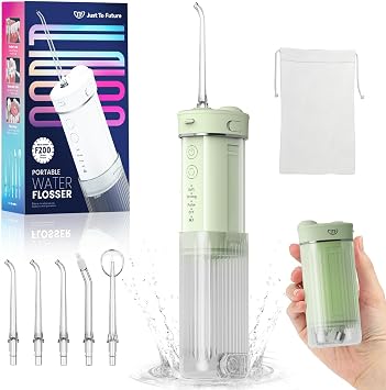 JTF Portable Water Flosser for Travel Compact Mini Design, 3 Modes & 8 DIY Pressure Levels for Sensitive Teeth & Braces - with 5 Nozzles & Removable 230ml Tank, Cordless Oral Irrigator for On-The-Go