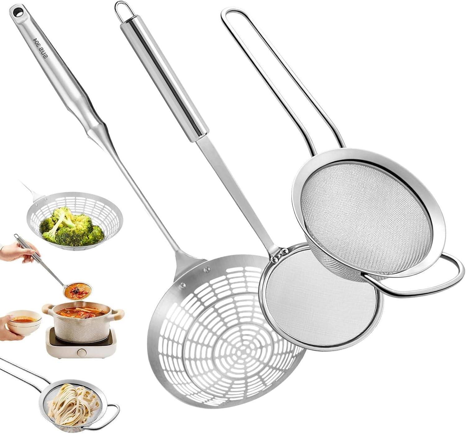 Multi Kitchen Utensil Stainless Steel Cooking Skimmer 100 mesh Drain Water Filter Spoon Ladle Spider Strainer Skimmer Ladle for Cooking &Frying(Set,Large)