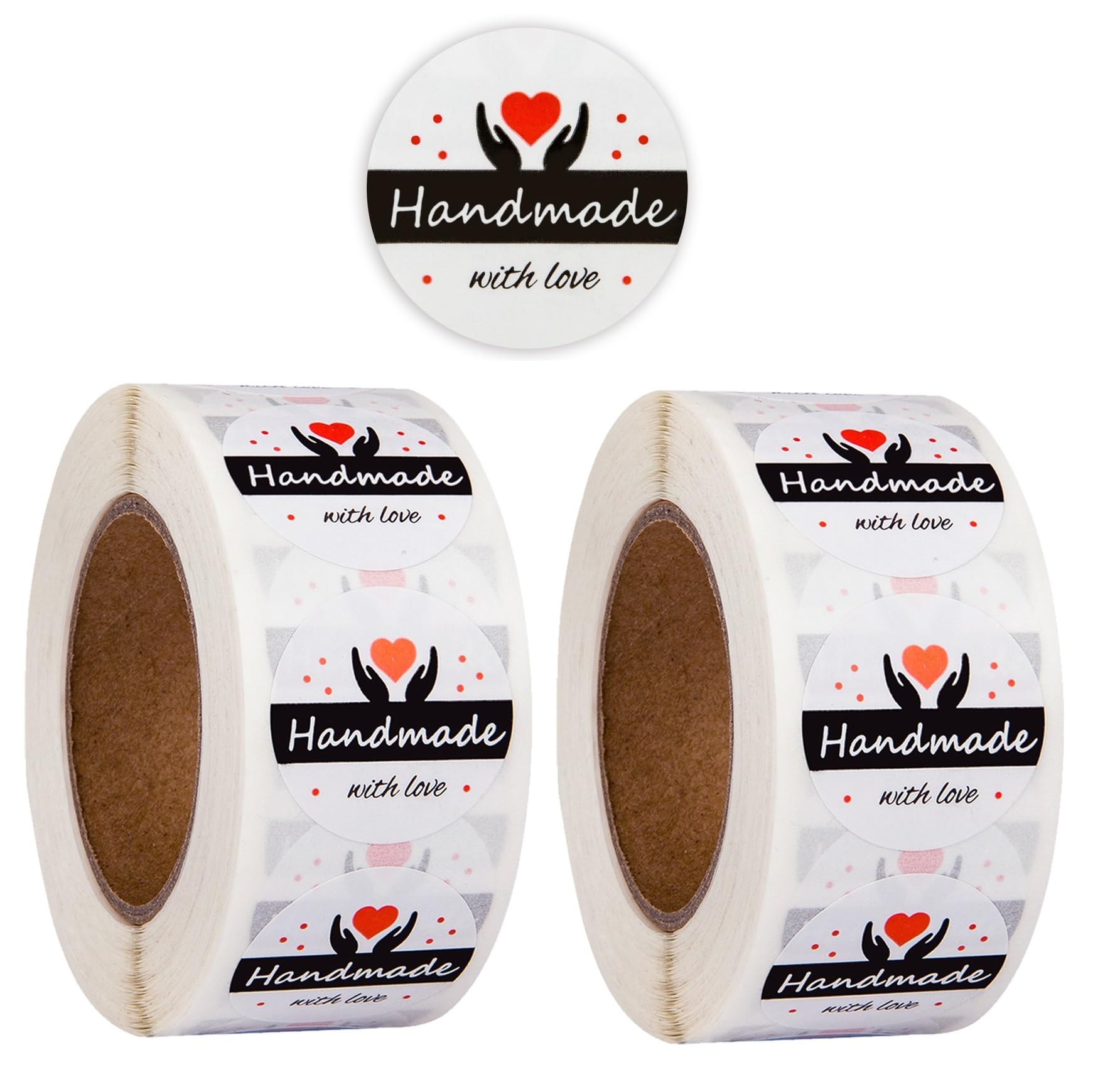 Rubik Handmade With Love Emoji Labels Stickers 2 Rolls (1000pcs) For Small Business Orders Packaging, Envelopes Seal, and Gift Wraps (White)