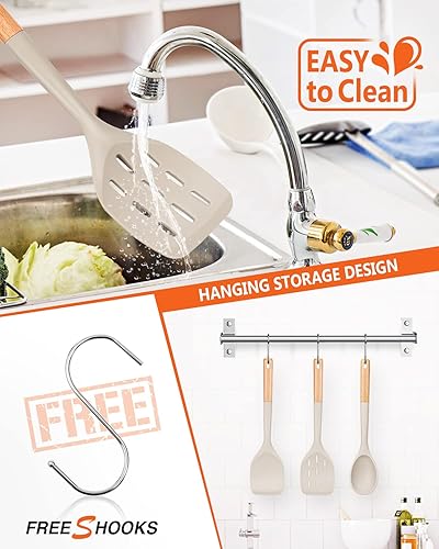 Miniatura 5 de Paquete de 3 espátulas de silicona, juego de utensilios de cocina antiadherentes, mango de madera, girador de cocina para hornear, mezclar, asar a