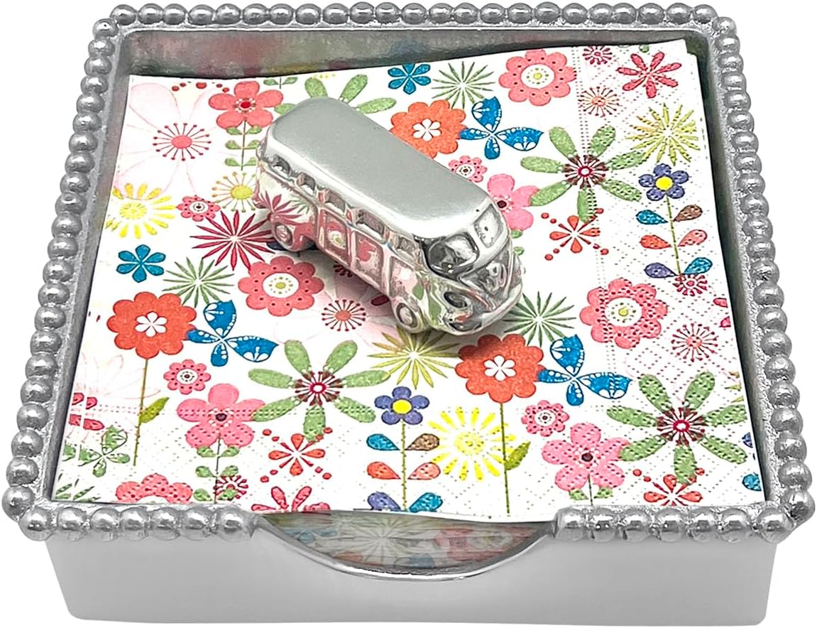 MARIPOSA VOLKSWAGON BEADED NAPKIN BOX SET | SILVER | BRILLANTE | GIFTS | NAPKIN BOX & WEIGHT SET | RECYCLED SANDCAST ALUMINUM | HANDMADE IN MEXICO