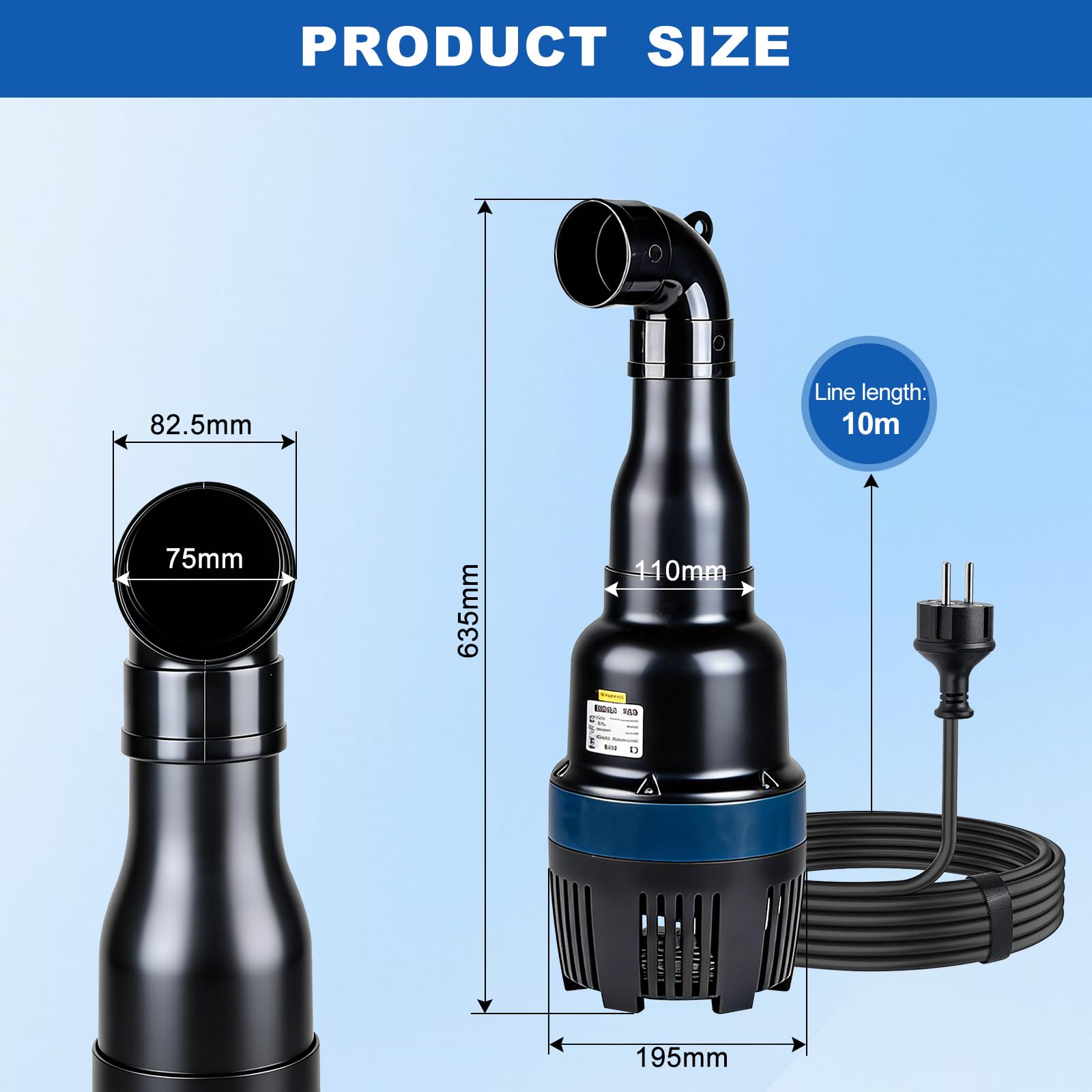 EXLECO Rurowa pompa zanurzeniowa 22000 l/h, 95 W, do stawu ogrodowego, samozasysająca z kablem o długości 10 m, idealna do cyrkulacji, filtrowania i opróżniania