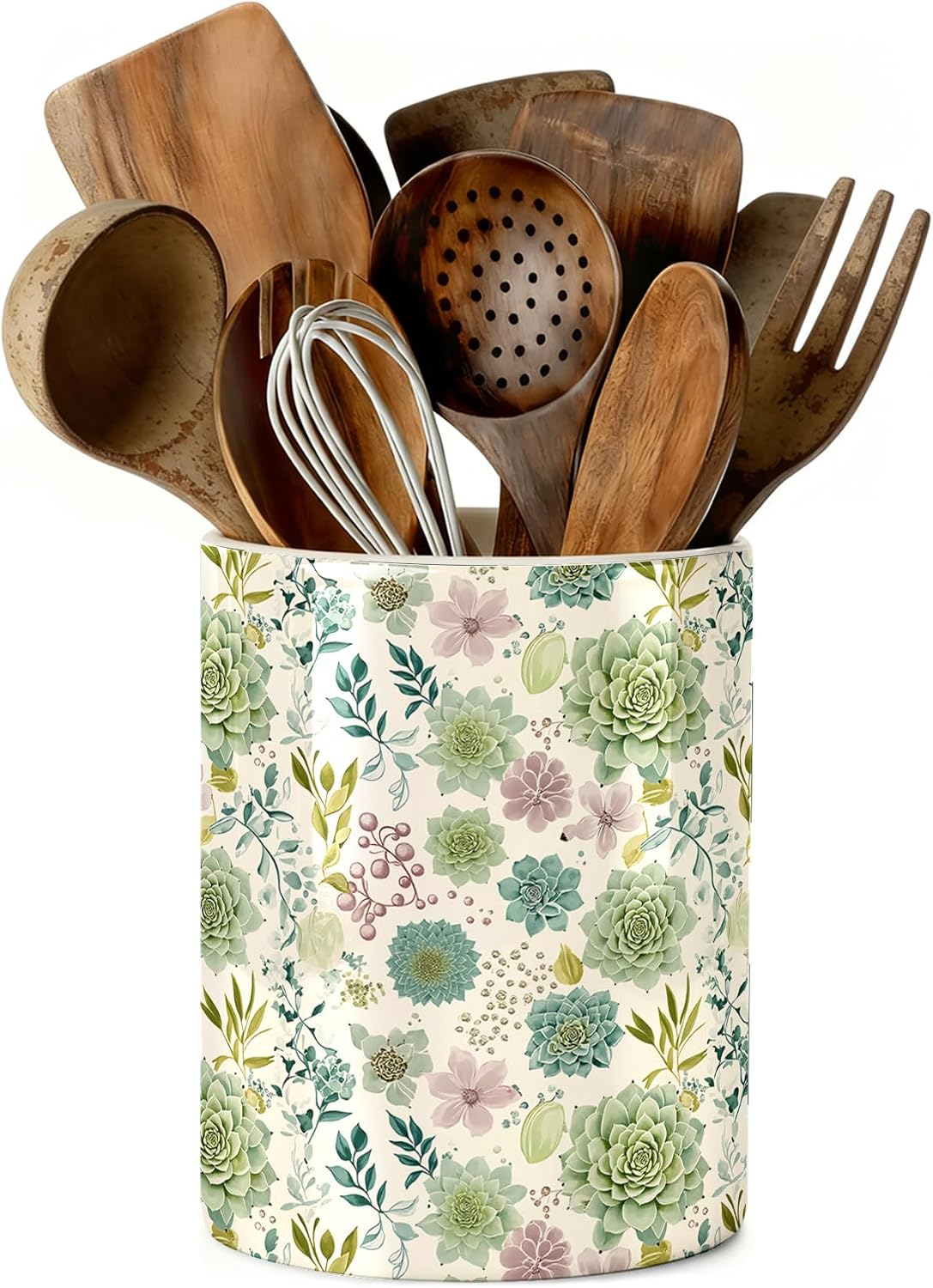 Succulent Floral Kitchen Utensil Holder, Summer Ceramic Utensil Holder , Cooking Utensil Crocks for Kitchen Countertop, Kitchen Decorations Rustic Farmhouse Decor