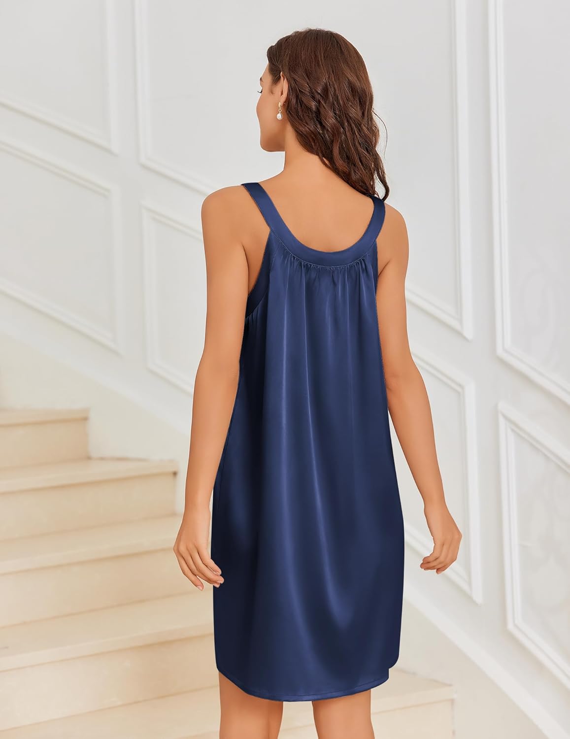 Ekouaer Silky Satin Nightgown for Women Sleeveless Sleepwear Tank O Neck Night Shirts Pleated Sleepshirt Casual Dress S-3XL - Image 5