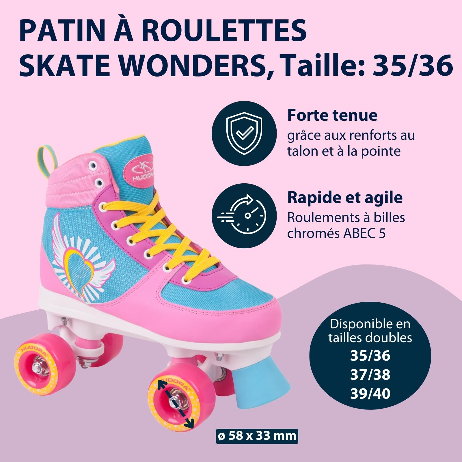HUDORA Patins à roulettes Wonders en différentes Tailles - Patins Confortables pour Enfants au Design Cool - Patins pour Enfants et Adolescents - Chaussures de Roller en Similicuir de Haute qualité