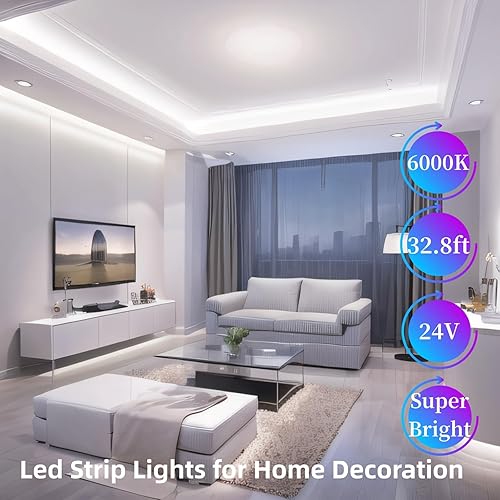 Miniatura 5 de Tira de luz LED pequeña, tira de luces LED cortables regulables de 12 V y 24 V, 32.8 pies, 600 LED, cinta de luces LED superbrillantes para sala de